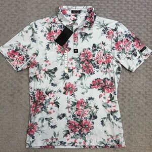 Bad Birdie Spring Showers Core Golf Polo Men’s Size M  Floral Print White NWT